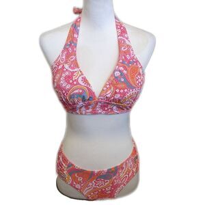 Venus moderate coverage 2-pc bikini swimsuit, coral & teal paisley sz 4 & 34D